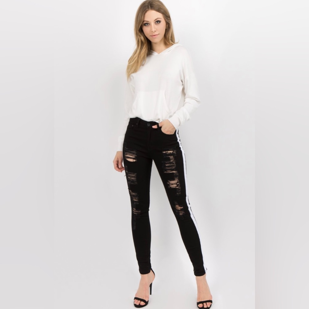 American Bazi Jeans | Plus Size Black Distressed Ripped Striped Jeans
